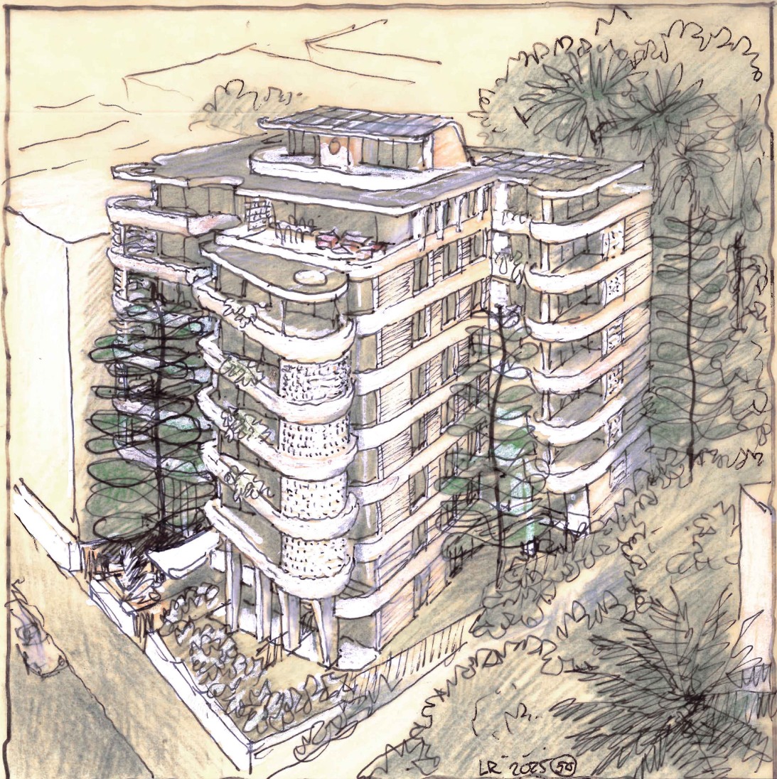 Exterior concept sketch for Advent Property's Double Bay development by Luigi Rosselli Architects